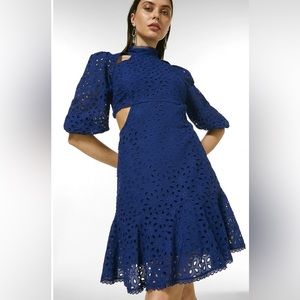 Karen Millen Cotton Eyelet Cut Out Woven Mini Dress - blue - us size 6